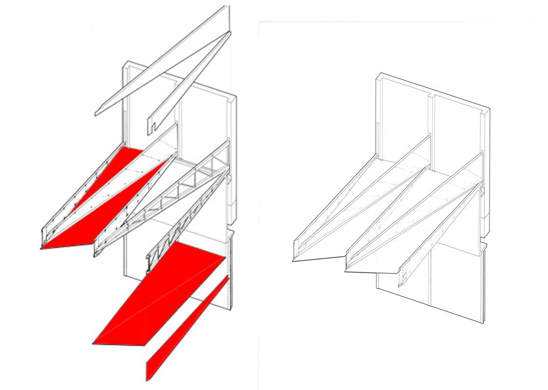 Axonométrie de la structure et des vitrages.