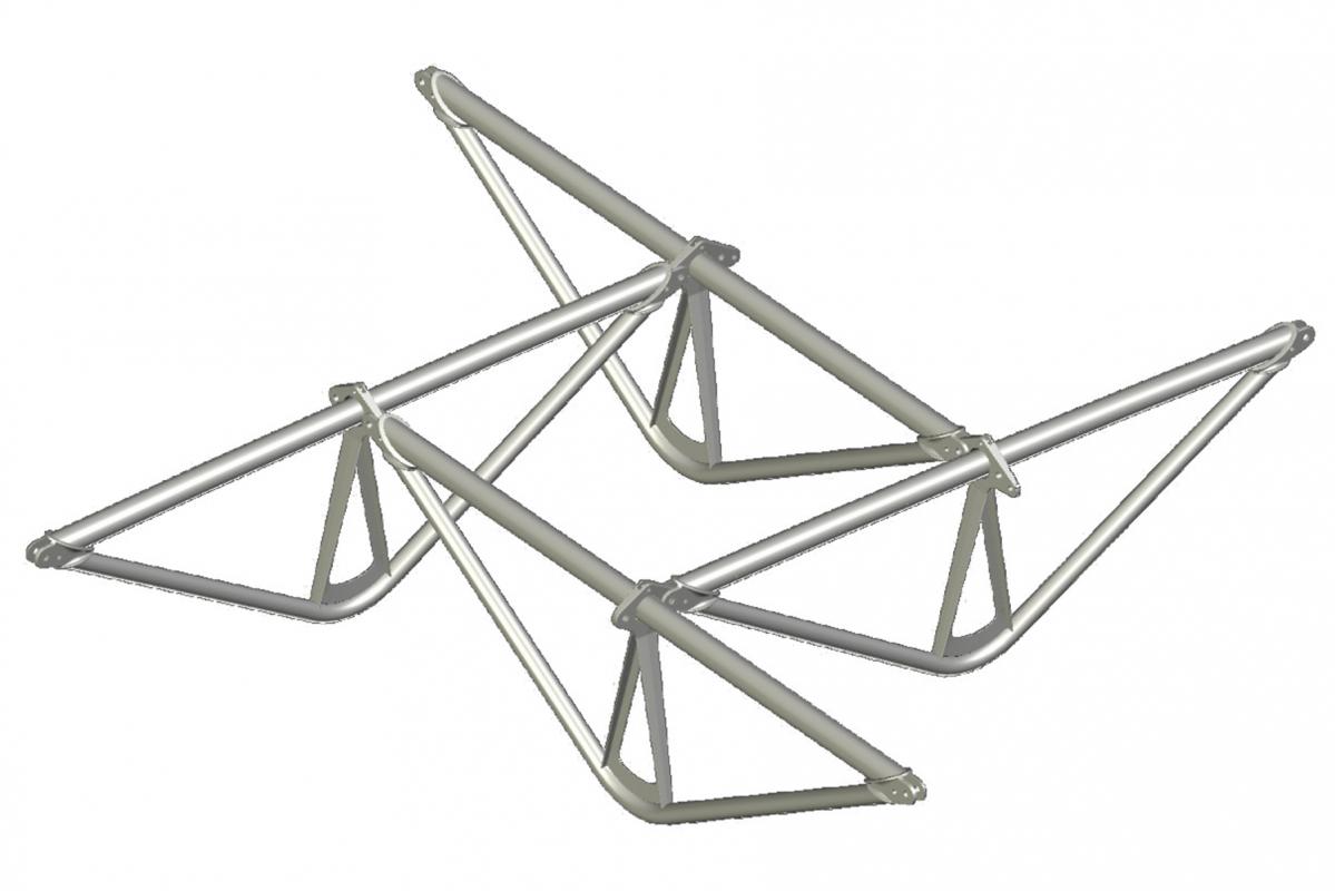 Module de base: assemblage de 4 poutres triangulaires en nexorade.