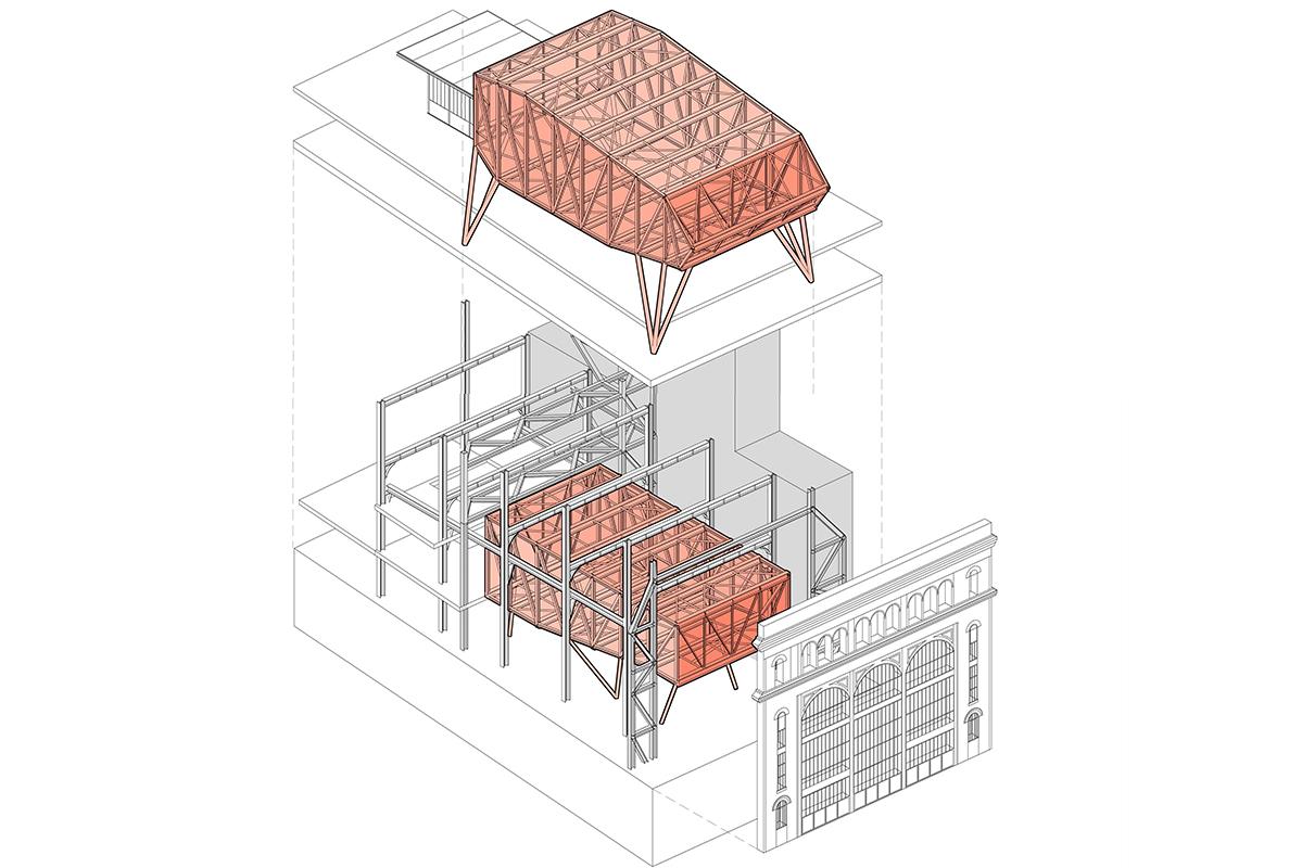 Axonométrie éclatée des salles de protection intégré dans le bâtiment existant.