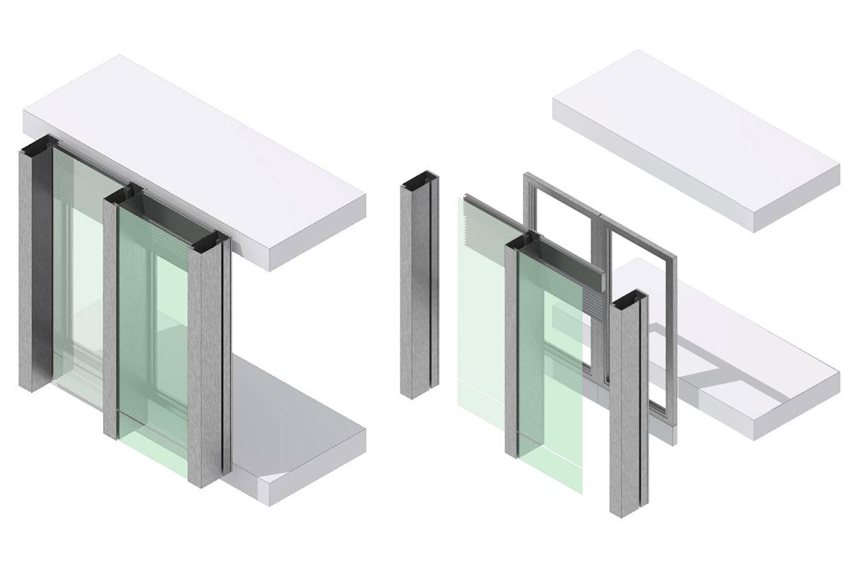 Eclaté d'un module de la façade double peau verticale.