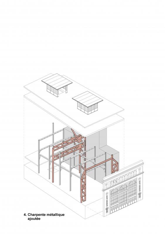 Charpente métallique ajoutée (sous station voltaire - Réinventer Paris - T/E/S/S atelier d'ingénierie)