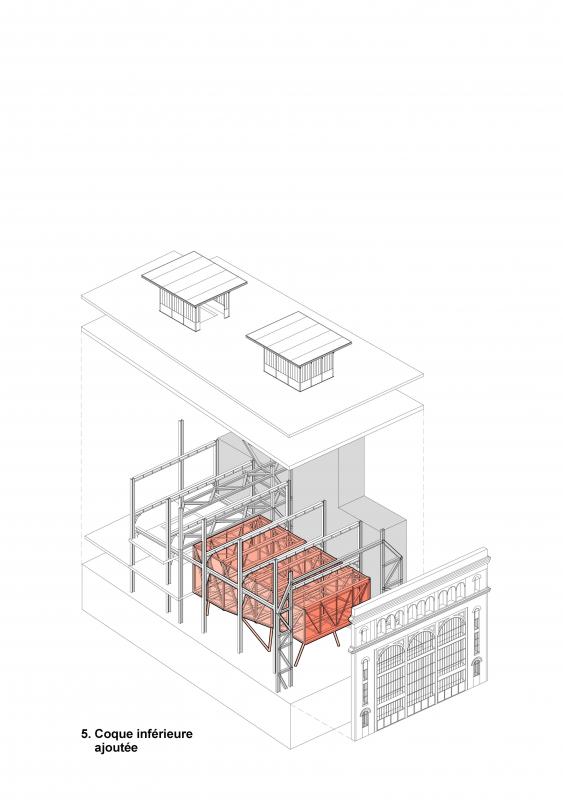 Intégration de la coque inférieure dans le bâtiment (sous station voltaire - Réinventer Paris - T/E/S/S atelier d'ingénierie)